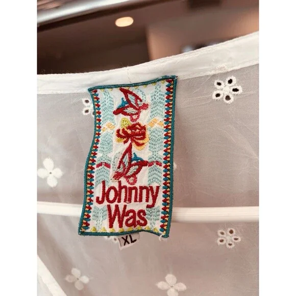 Johnny Was Eyelet Sheer Floral Flower Embroidered Long Sleeve Tunic Blouse Sz XL - Picture 2 of 10